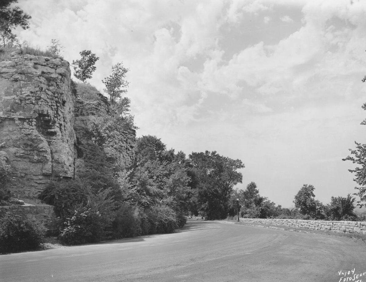 Widened roads, streetlights, and barricades made Cliff Drive safer for park visitors, ca. 1920-30s.