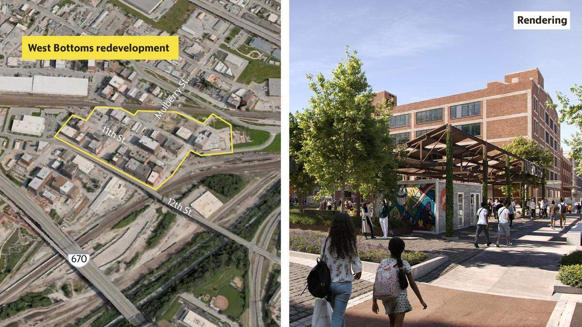 Map showing SomeraRoad’s planned 21-acre West Bottoms redevelopment area.
