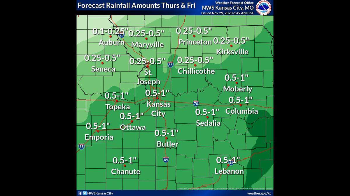 Rain is expected to spread across the Kansas City region on Thursday. While most areas will see some precipitation, the bulk of the rain is expected to remain east of Interstate 35. Between a half to an inch of rain is expected in the Kansas City metro area, the National Weather Service said.