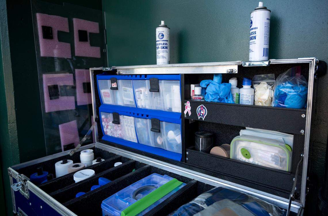 First aid equipment sits in a corner of the Kansas City Royals dugout before the Royals’ home opener against the Minnesota Twins Thursday at Kauffman Stadium.