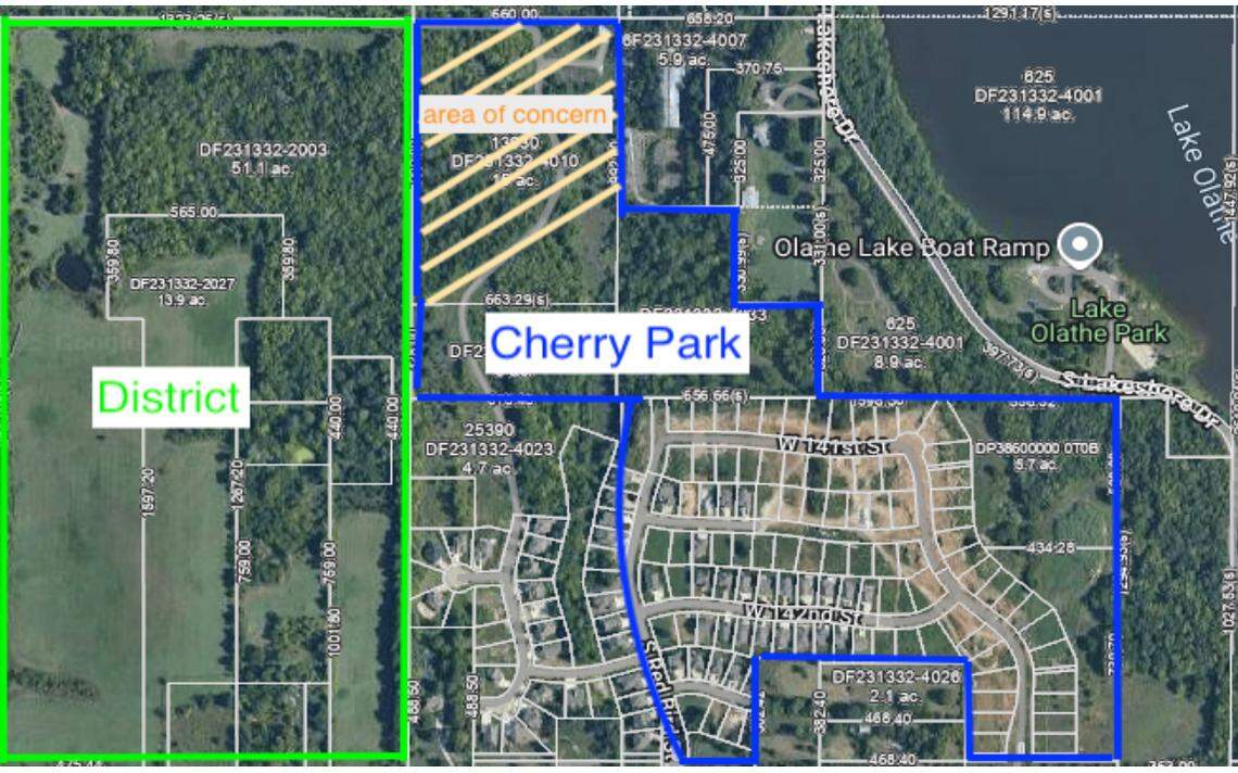 A map showing property under dispute in a lawsuit filed against the city of Olathe and Olathe Public Schools. The suit claims misuse of eminent domain to aid the sale of district-owned land.