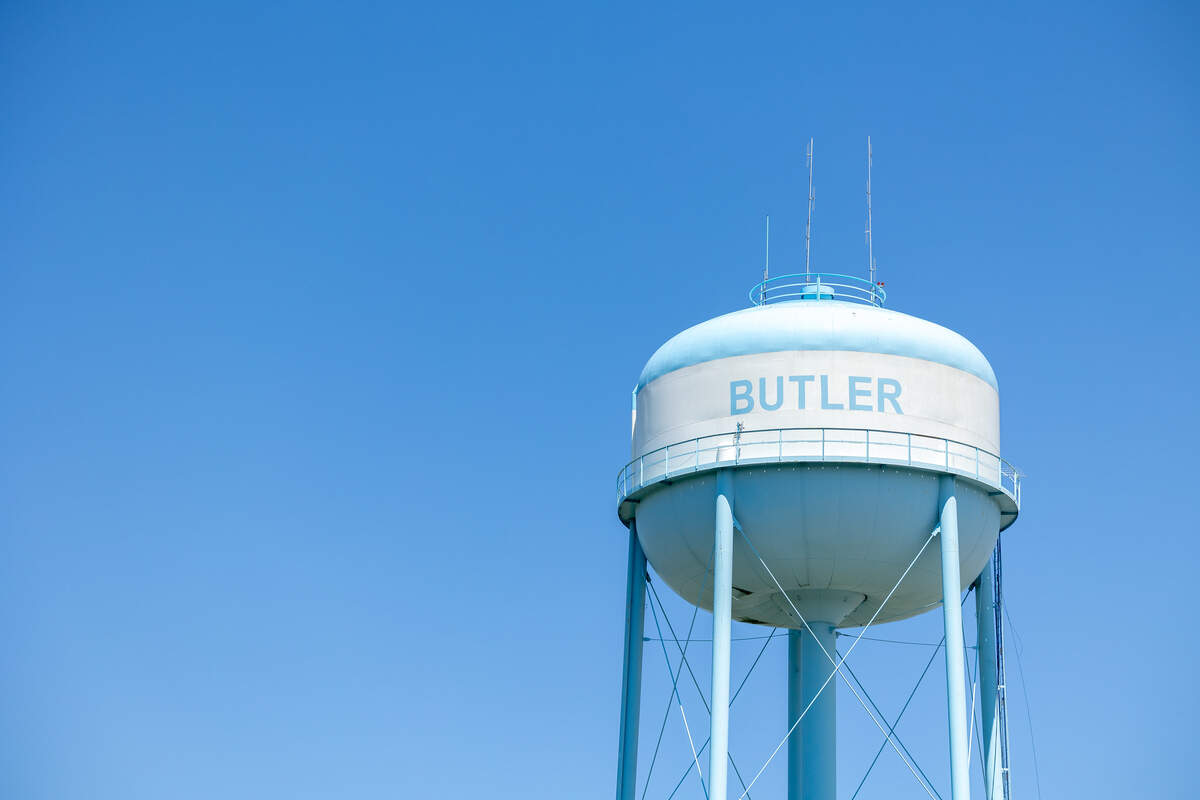 The Butler, Missouri, water tower stands over the town of 4,200, located an hour south of Kansas City on June 14, 2026.