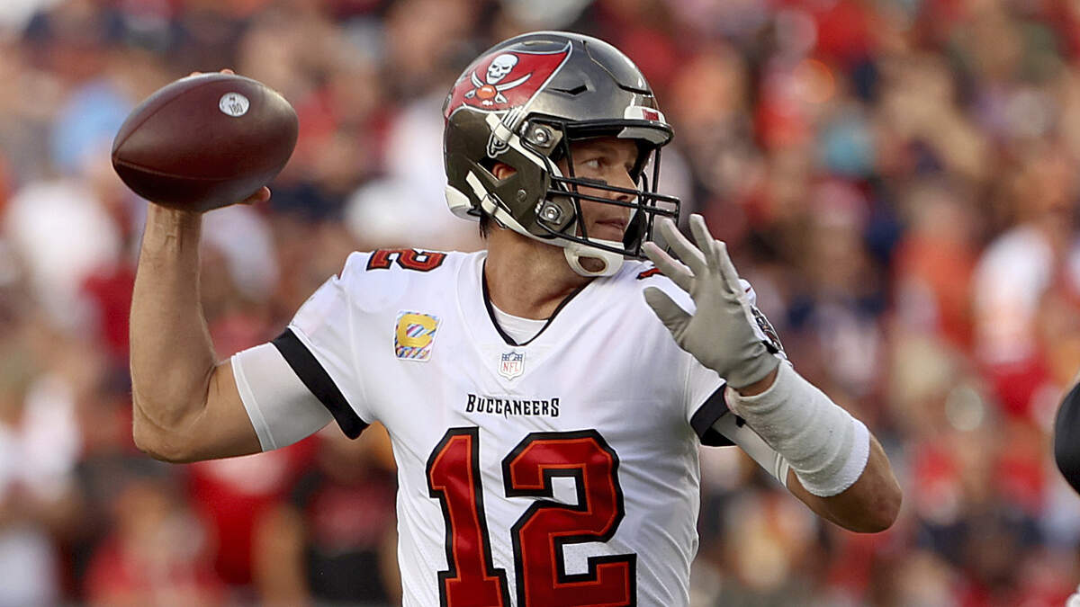Tampa Bay Buccaneers quarterback Tom Brady (12) attempt a pass during an NFL football game against the Chicago Bears, Sunday, Oct. 24th, 2021 in Tampa, Fla. (AP Photo/Don Montague)