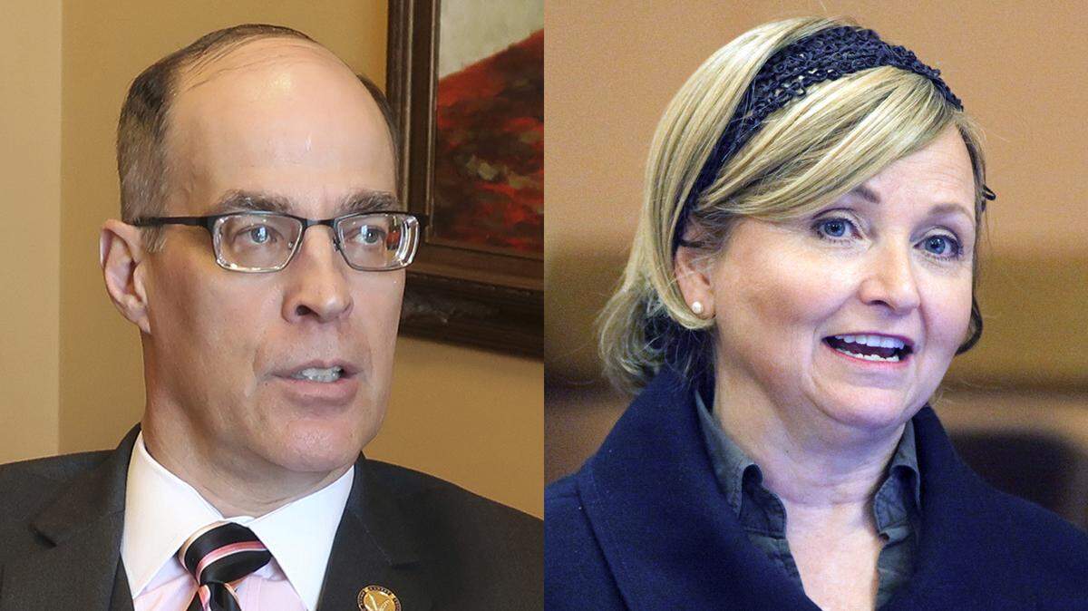 GOP candidates for Kansas treasurer, Steven Johnson, left, and Caryn Tyson.