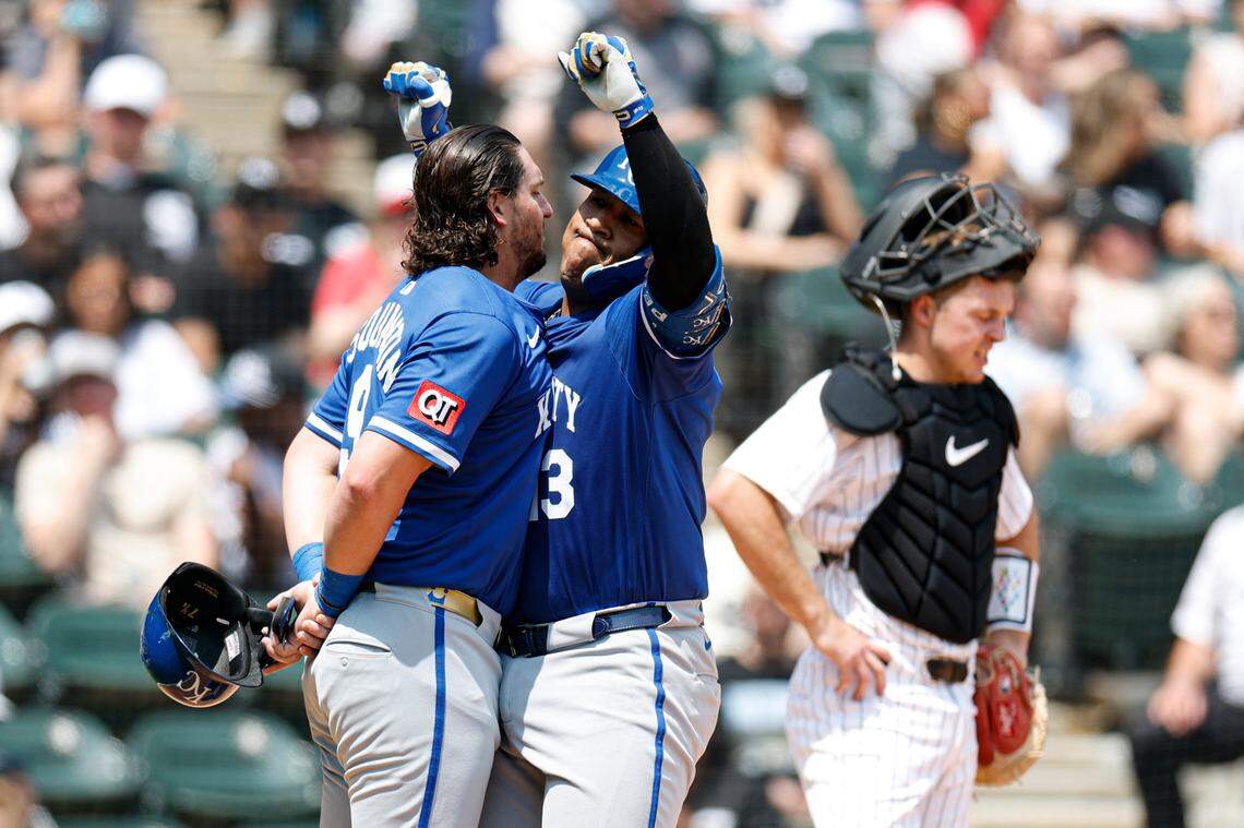 Kansas City’s Vinnie Pasquantino, left, congratulates Royals teammate Salvador Perez on the latter’s fourth-inning home run during a Sunday, June 8, 2025 Major League Baseball game against the White Sox at Rate Field in Chicago.