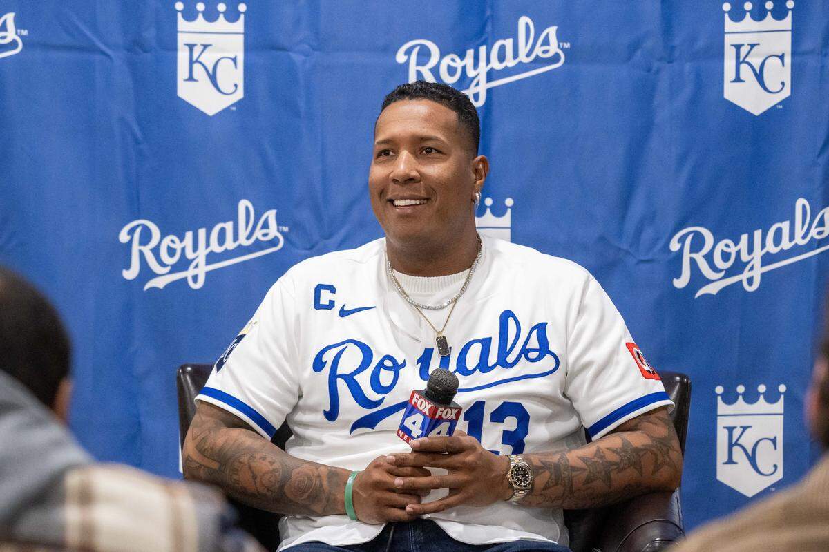 Kansas City Royals catcher Salvador Perez speaks to the media during Royals Rally at Kauffman Stadium on Saturday, January 31, 2026.
