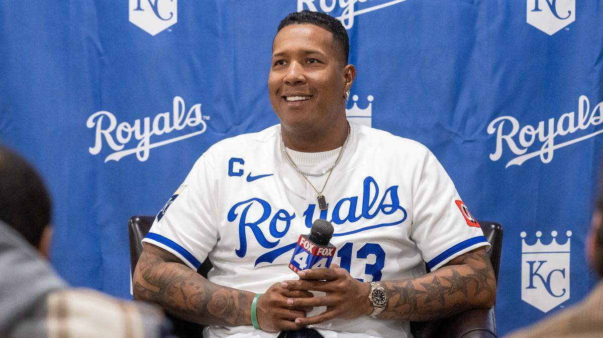 Kansas City Royals catcher Salvador Perez speaks to the media during Royals Rally at Kauffman Stadium on Saturday, January 31, 2026.