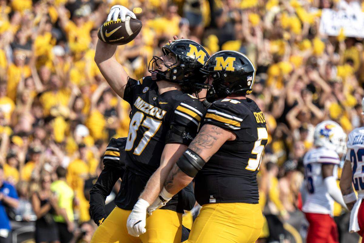 Missouri Tigers tight end Brett Norfleet (87) celebrates a touchdown in the third quarter during a game against Kansas at Faurot Field at Memorial Stadium on Saturday, Sept. 6, 2025, in Columbia.