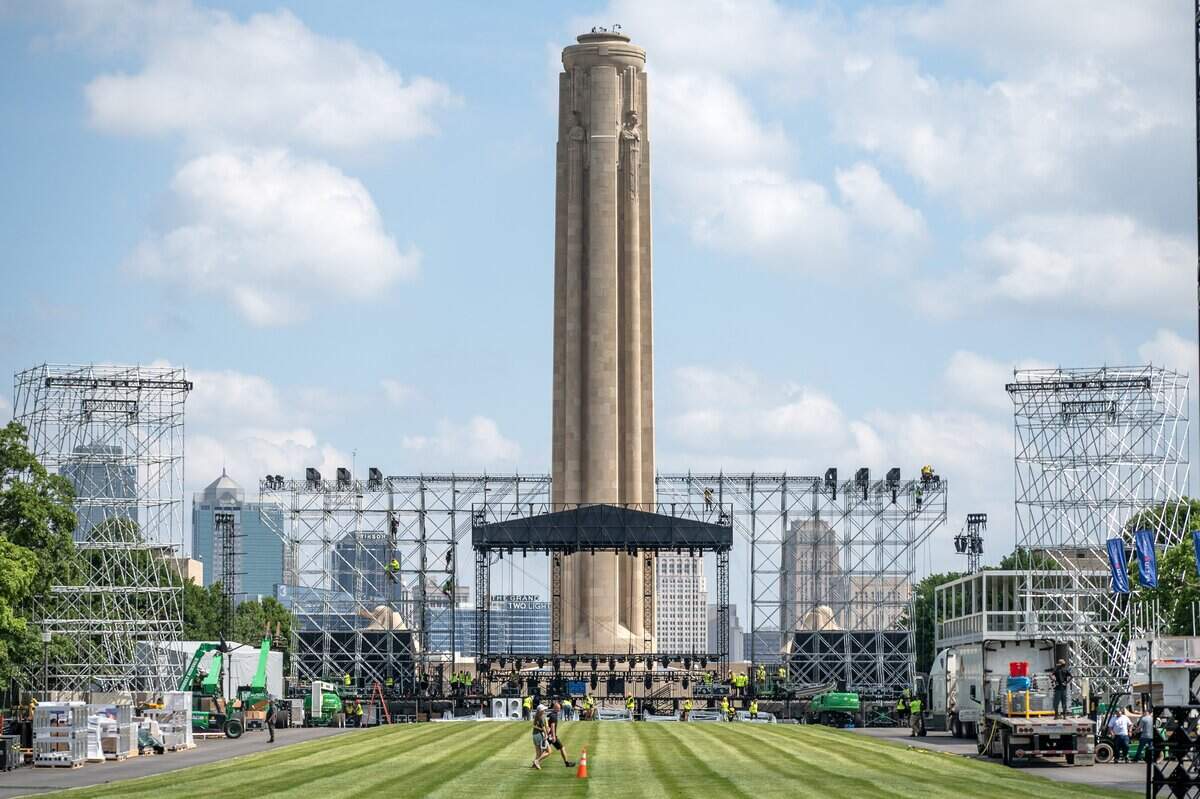 Construction crews prepare the FIFA Fan Festival site during a media walkthrough at the National WWI Museum and Memorial on Wednesday, May 27, 2026, in Kansas City.