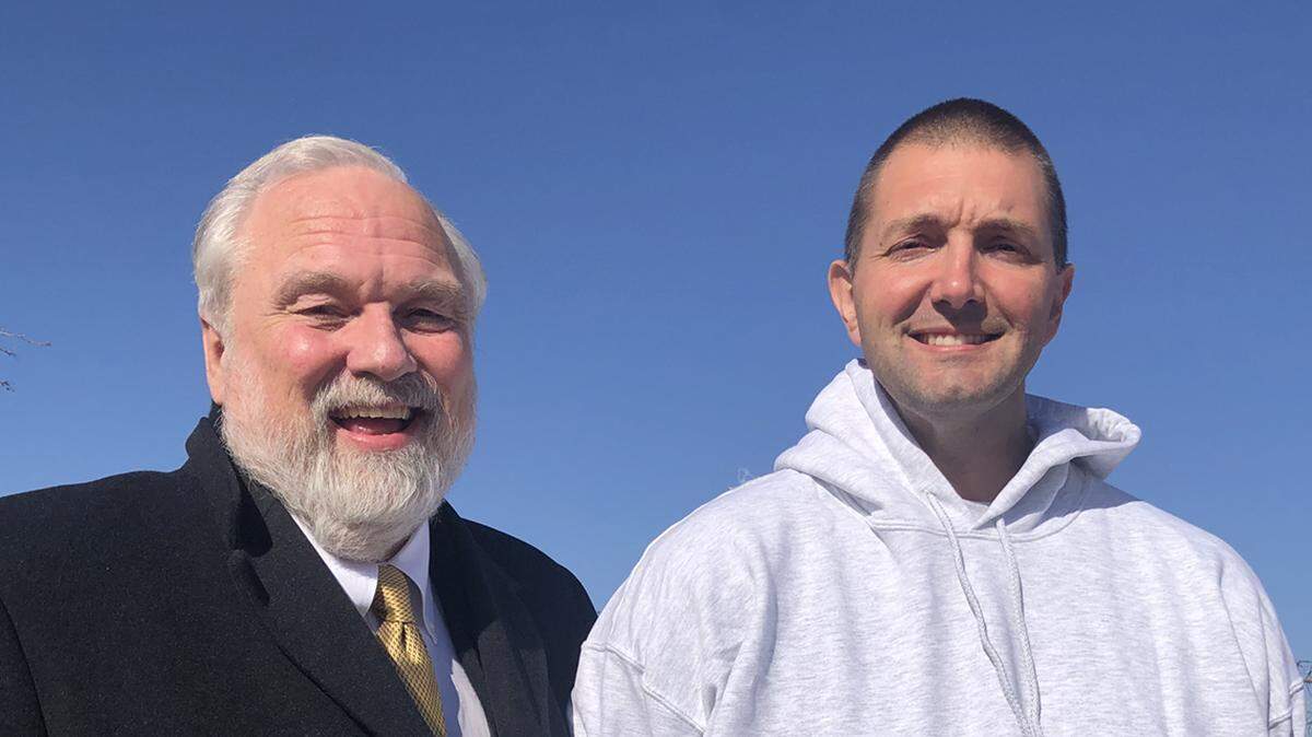 Attorney Richard Ney, left, picked up Christopher Lyman when he was released from Ellsworth Correctional Facility in February and took him out for a ribeye.