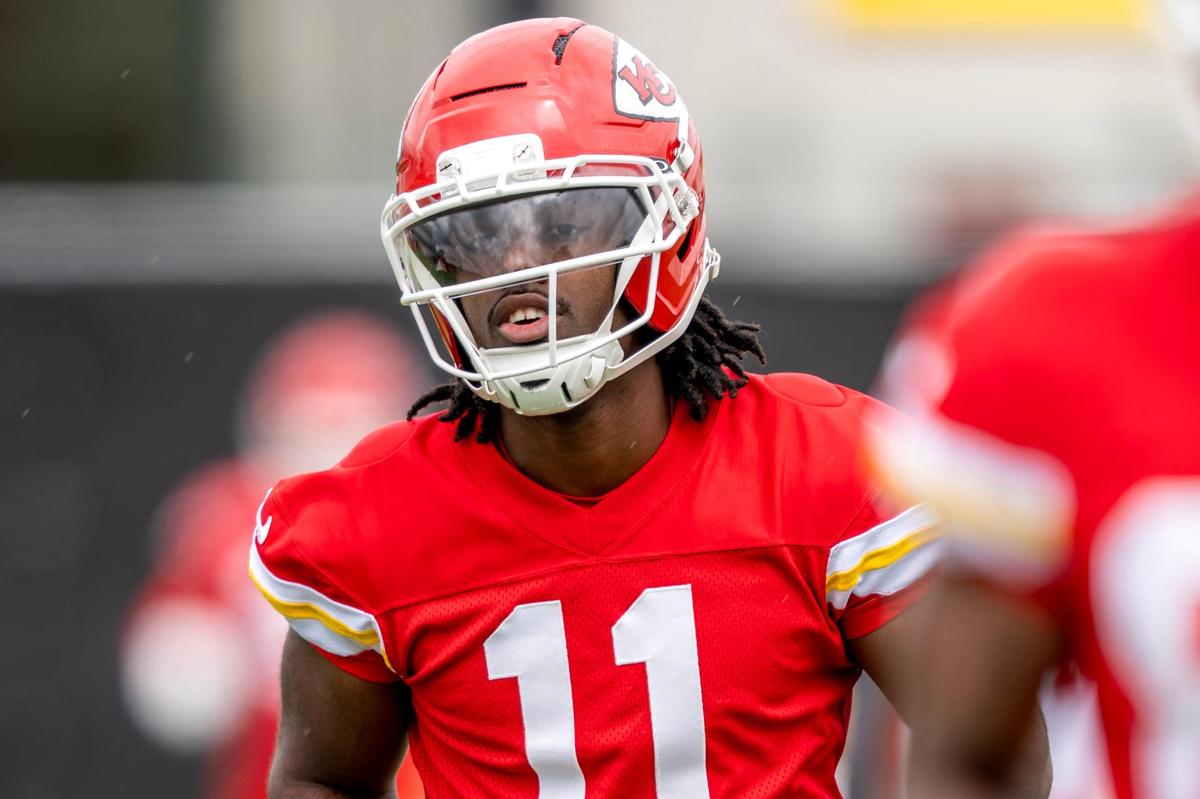 Kansas City Chiefs wide receiver Jalen Royals (11) warms up during practice at Chiefs’ training facility on Thursday, May 29, 2025, in Kansas City.
