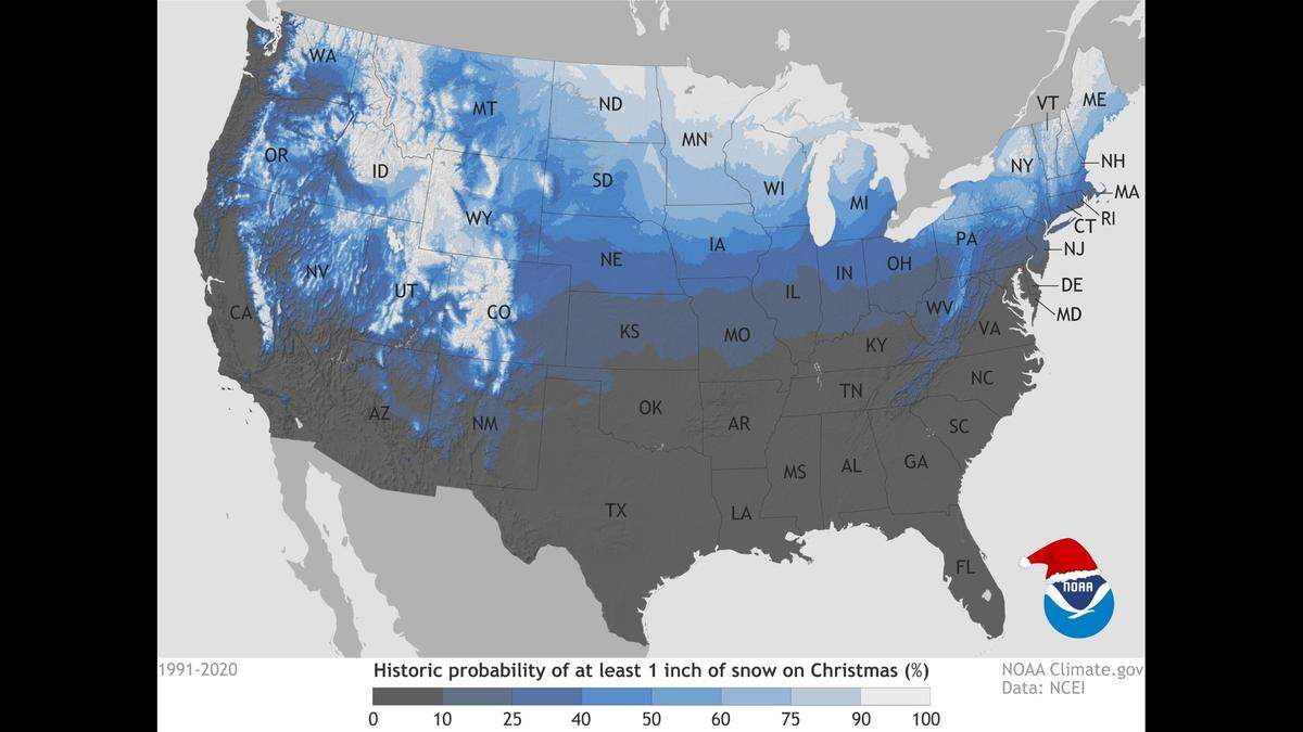 The National Oceanic and Atmospheric Administration’s map shows the historic probability of there being at least one inch of snow on the ground at weather stations across the United States on Christmas.
