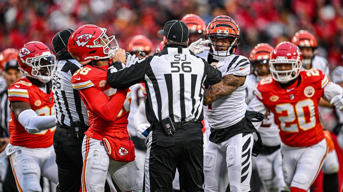 Cincinnati Bengals wide receiver Ja’Marr Chase (1) and Kansas City Chiefs cornerback L’Jarius Sneed (38) shoved each other in an altercation on the field in the second quarter that ended up with both teams being penalized Sunday, Dec. 31, 2023, at GEHA Field at Arrowhead Stadium.