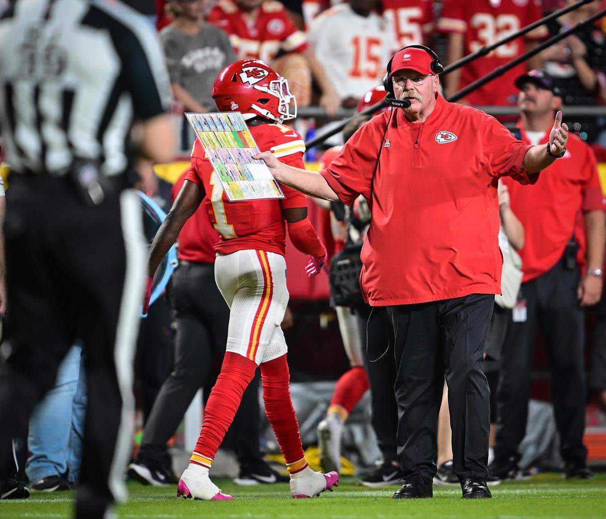 Kansas City Chiefs head coach Andy Reid questions a call in the second quarter against the Detroit Lions on Sunday, Oct. 12, 2025, at GEHA Field at Arrowhead Stadium.