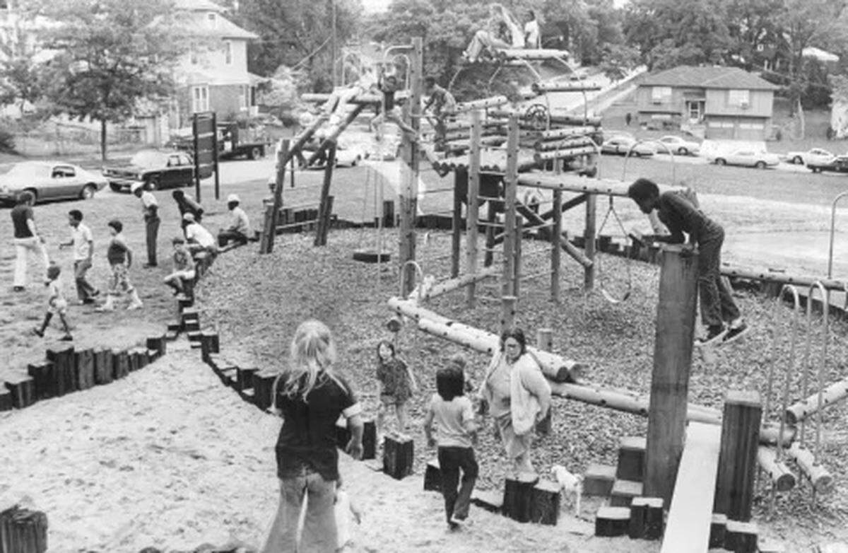 Independence Plaza children explore new playground equipment at Harmony Park at 10th and Agnes in Kansas City in 1974.
