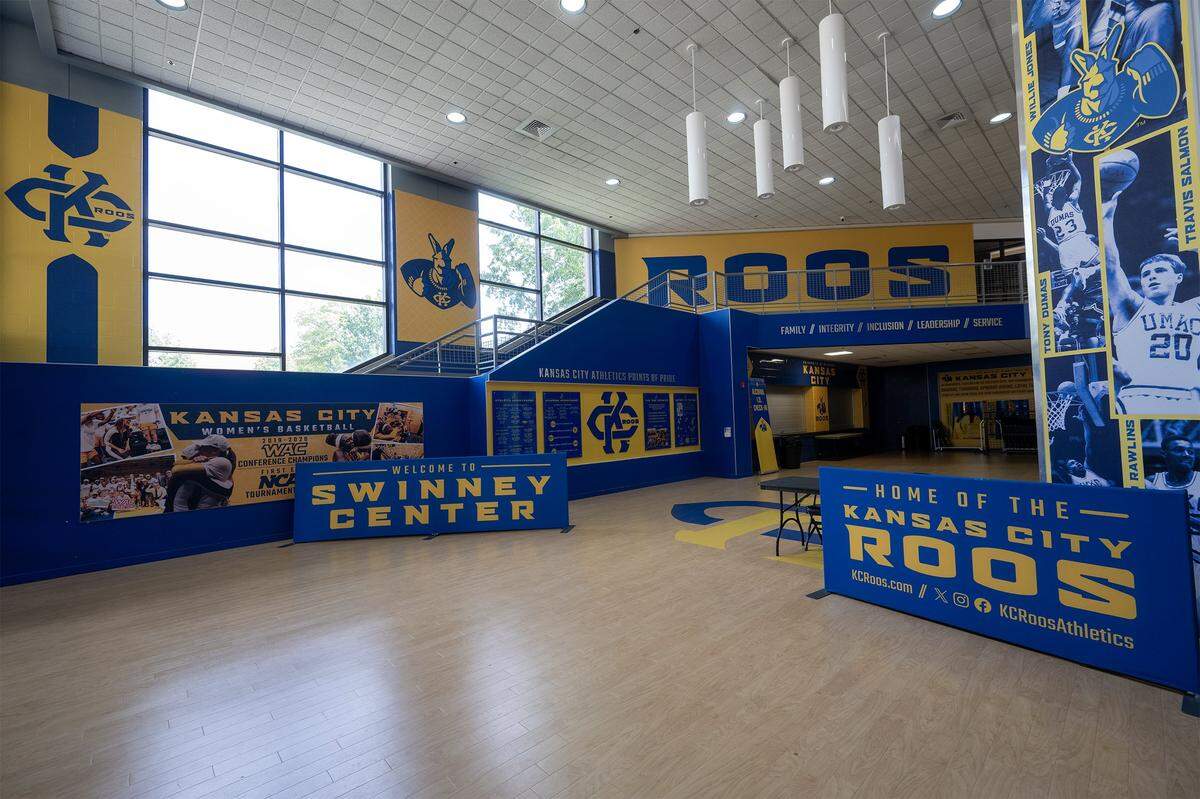 The north lobby of Swinney Center was renovated in 2019 with new branding and graphics showcasing the history and “pride points” of UMKC athletics. Swinney Center serves as a hub for both UMKC campus recreation and Kansas City Roos Athletics.