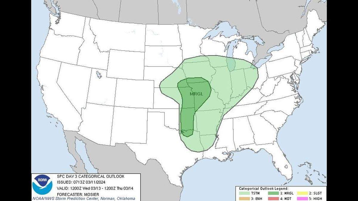 There is a chance of severe weather this week in the Kansas City area. The National Weather Service’s Storm Prediction Center has placed Kansas City under a marginal risk of severe thunderstorms on Wednesday afternoon and overnight.
