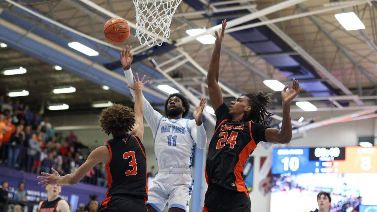 Oak Park’s Corbin Allen puts up a shot against Shawnee Mission Northwest during the finale of 810 Varsity Showcase 36 high school basketball event on Saturday, Dec. 7, 2024.