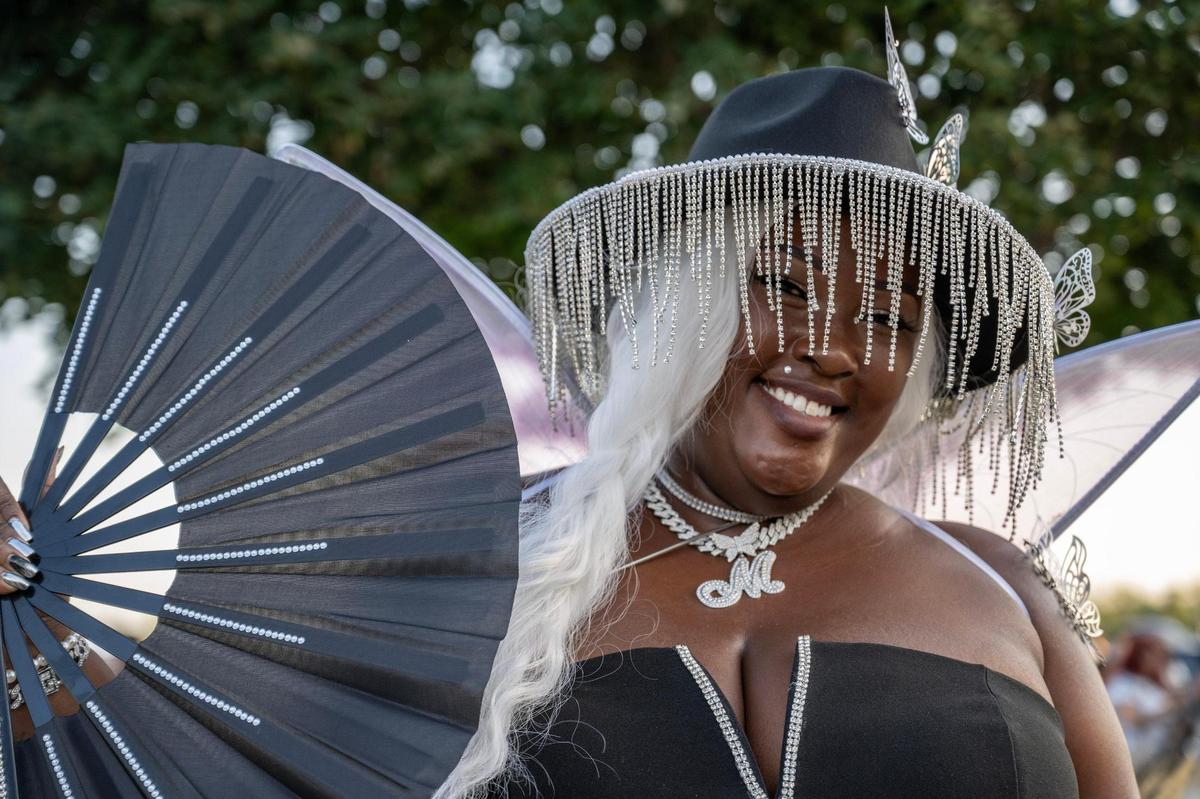 Veronica McDowall, from Orlando, Florida, shows off her butterfly inspired outfit before attending last stop of Beyoncé’s Renaissance World Tour at GEHA Field at Arrowhead Stadium on Sunday, Oct. 1, 2023, in Kansas City.