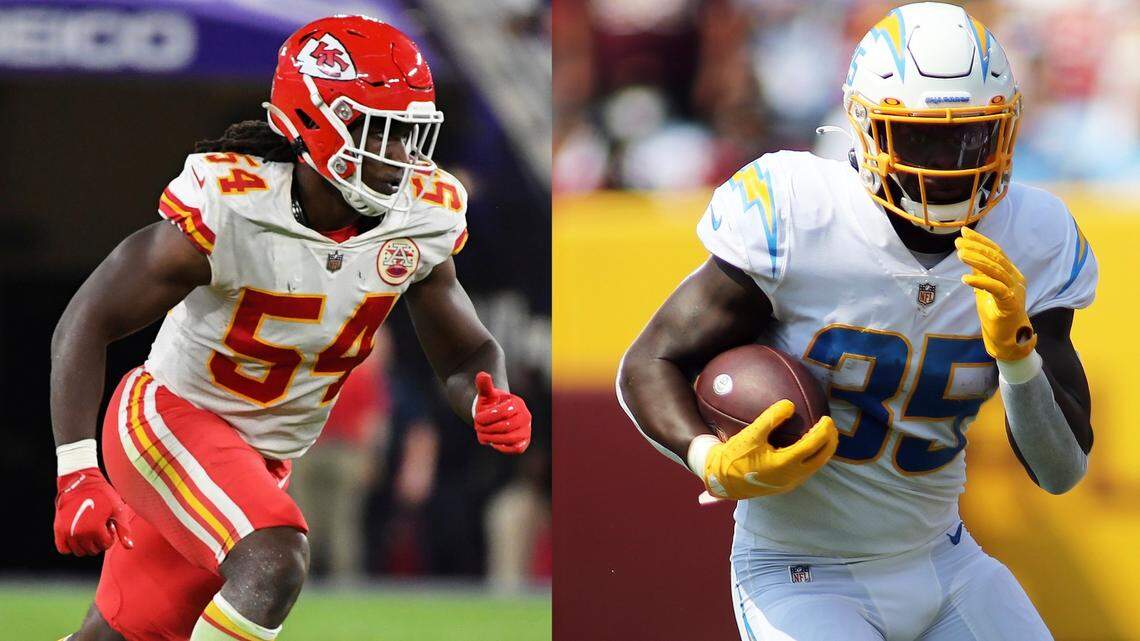 Kansas City Chiefs linebacker Nick Bolton (left) and Los Angeles Chargers running back Larry Rountree III.