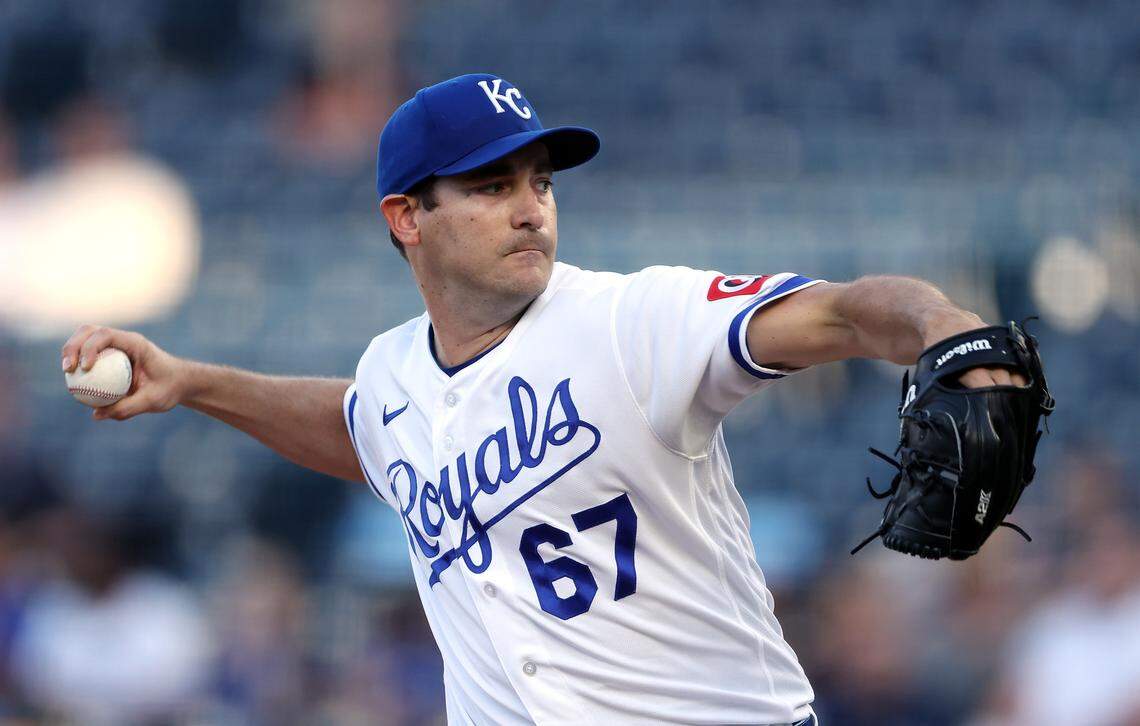 Seth Lugo #67 of the Kansas City Royals pitches during the 1st inning of the game against the Baltimore Orioles at Kauffman Stadium on April 20, 2026 in Kansas City, Missouri.