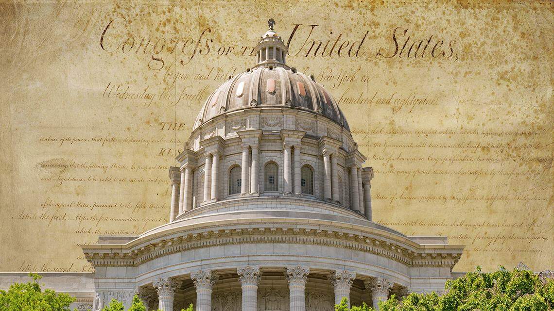 Missouri State Capitol in Jefferson City superimposed over the Bill of Rights to the U.S. Constitution
