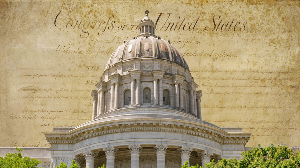 Missouri State Capitol in Jefferson City superimposed over the Bill of Rights to the U.S. Constitution