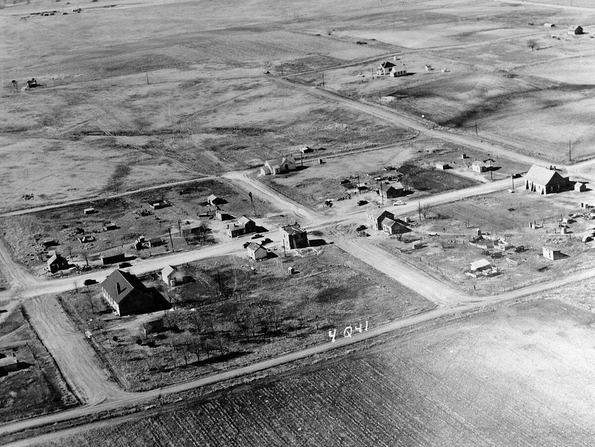 An aerial photo dated 1953 shows Nicodemus, Kansas.