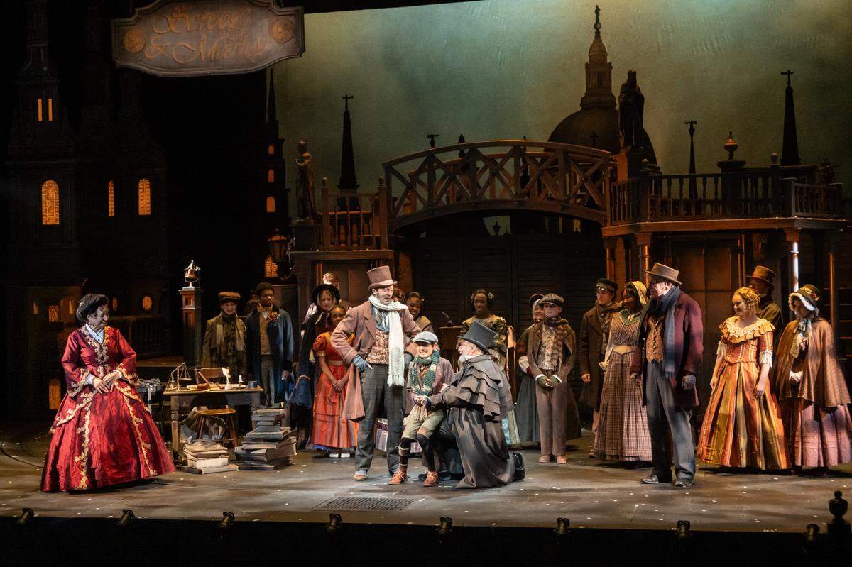 The cast of last year’s production of “A Christmas Carol” filled the stage at Spencer Theatre, where the Kansas City Repertory Theatre again will present the Dickens holiday classic from Nov. 23 through Dec. 28.