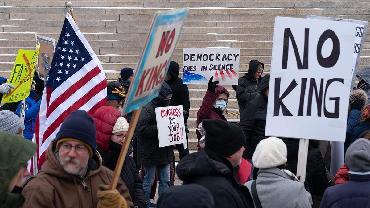 Presidents Day protesters gathered on the south steps of the Kansas Statehouse on Feb. 17.