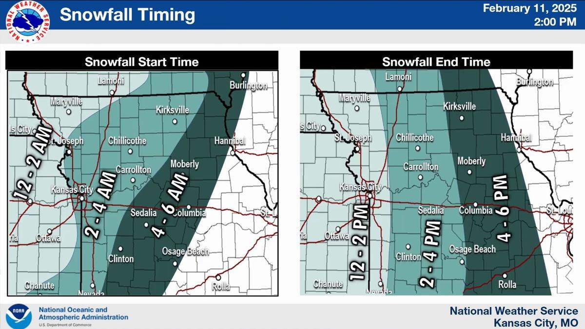 A strong winter storm will bring about a half foot of snow to the Kansas City area, according to the National Weather Service. Snow is expected to begin falling in the Kansas City metro between 2 and 4 a.m. and end between 2 and 4 p.m. Wednesday.
