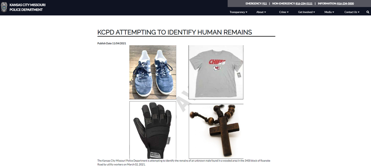 Kansas City police shared images of clothing items worn by a person whose remains were discovered March 3 in the 3400 block of Roanoke Road. They have yet to identify the person, believed to be an adult male.