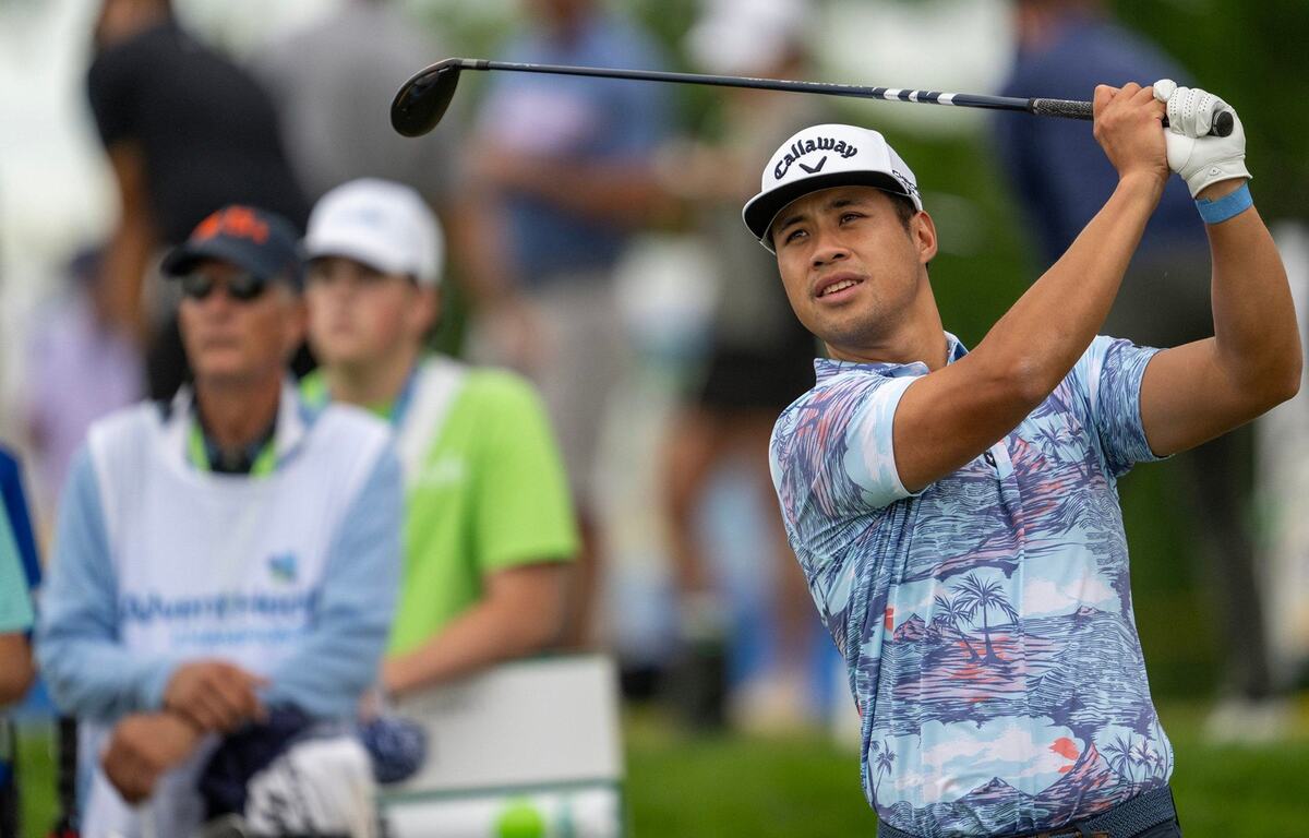 Isaiah Salinda of South San Francisco watches his shot on the first tee in the first round of the AdventHealth Championship on Thursday, May 16, 2024, at Blue Hills Country Club in Kansas City.