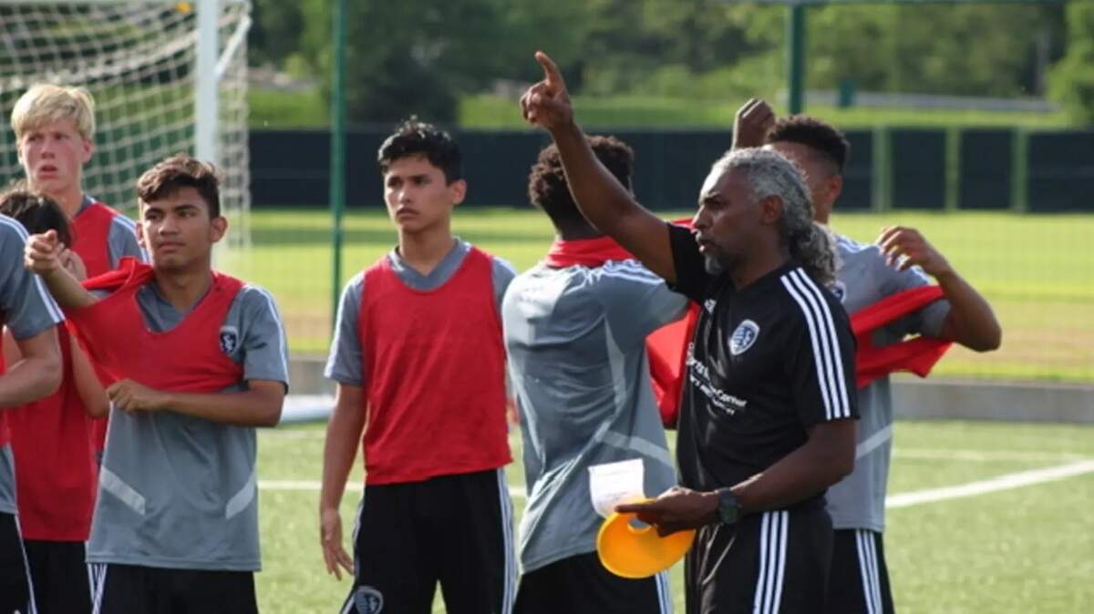 Declan Jogi, front right, came to Sporting Kansas City with hopes of being able to coach and teach young players. He’s about to have an even bigger platform from which to do so.