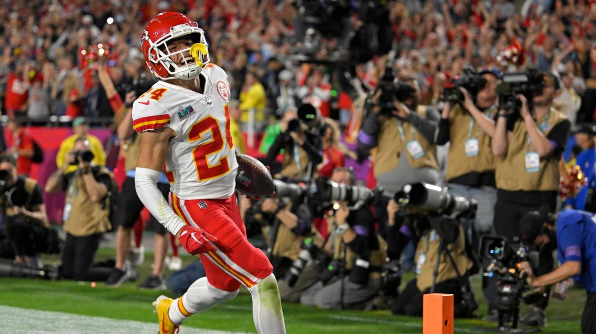Kansas City Chiefs wide receiver Skyy Moore (24) scored a touchdown during the second half of Super Bowl LVII between the Kansas City Chiefs and the Philadelphia Eagles on Sunday, Feb. 12, 2023, at State Farm Stadium in Glendale, Arizona. The Chiefs won 38-35.