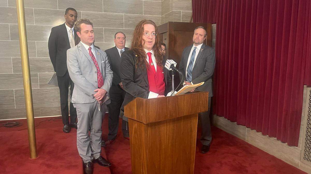 Missouri state Rep. Wick Thomas, a Kansas City Democrat, speaks with reporters on Monday, Feb. 3, 2025. Thomas is Missouri’s first openly transgender lawmaker.