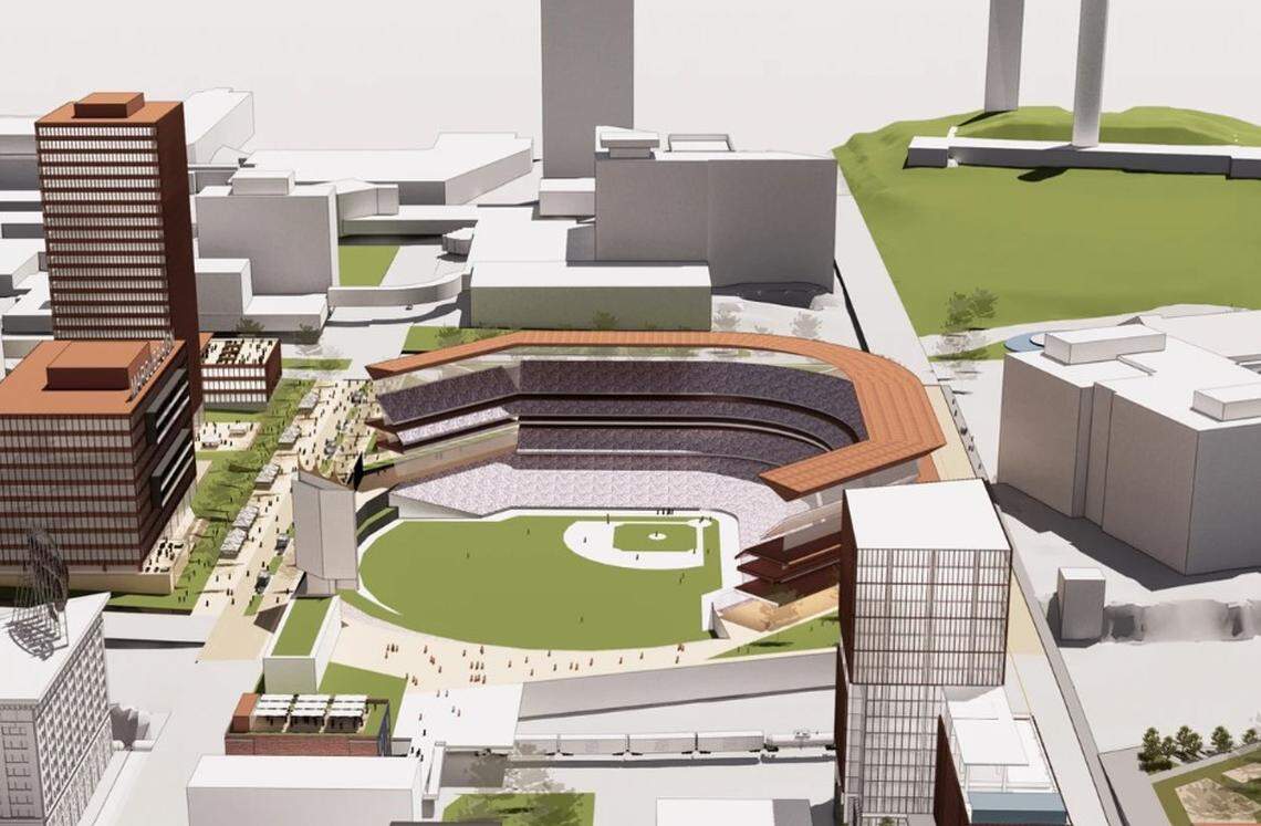 A rendering of proposed Royals ballpark in Washington Square Park.