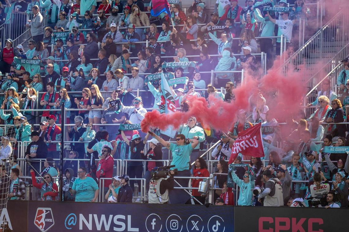 Kansas City Current fans celebrate a goal by forward Bia Zaneratto in the first half during an NWSL game against the Portland Thorns FC at CPKC Stadium on Saturday, March 16, 2024, in Kansas City.
