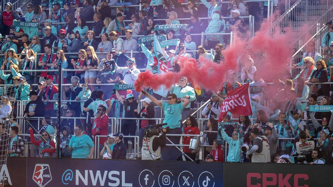 KC Current fans celebrate a goal by forward Bia Zaneratto in the first half during an NWSL game against the Portland Thorns FC at CPKC Stadium on Saturday, March 16, 2024, in Kansas City.