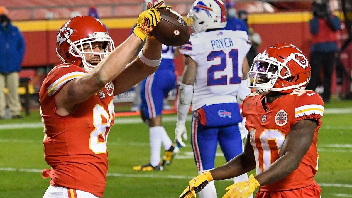 Kansas City Chiefs tight end Travis Kelce and wide receiver Tyreek Hill celebrate Kelce’s touchdown in the fourth quarter of the AFC Championship Game between the Chiefs and the Buffalo Bills Sunday Jan. 24, 2021. The Chiefs defeated the Bills 38-24 and will return to the Super Bowl.