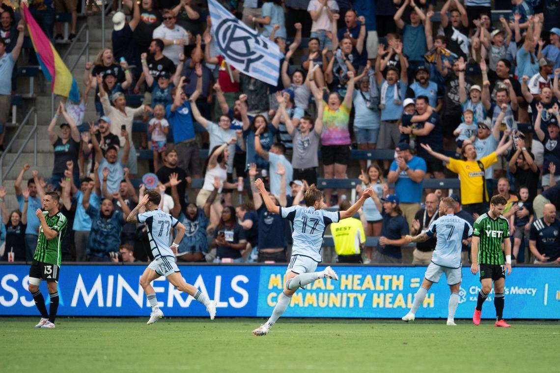 Sporting KC players celebrate a goal by defender Tim Leibold in the first half of a match against Austin FC on Saturday, June 29, 2024, at Children’s Mercy Park in Kansas City, Kansas.