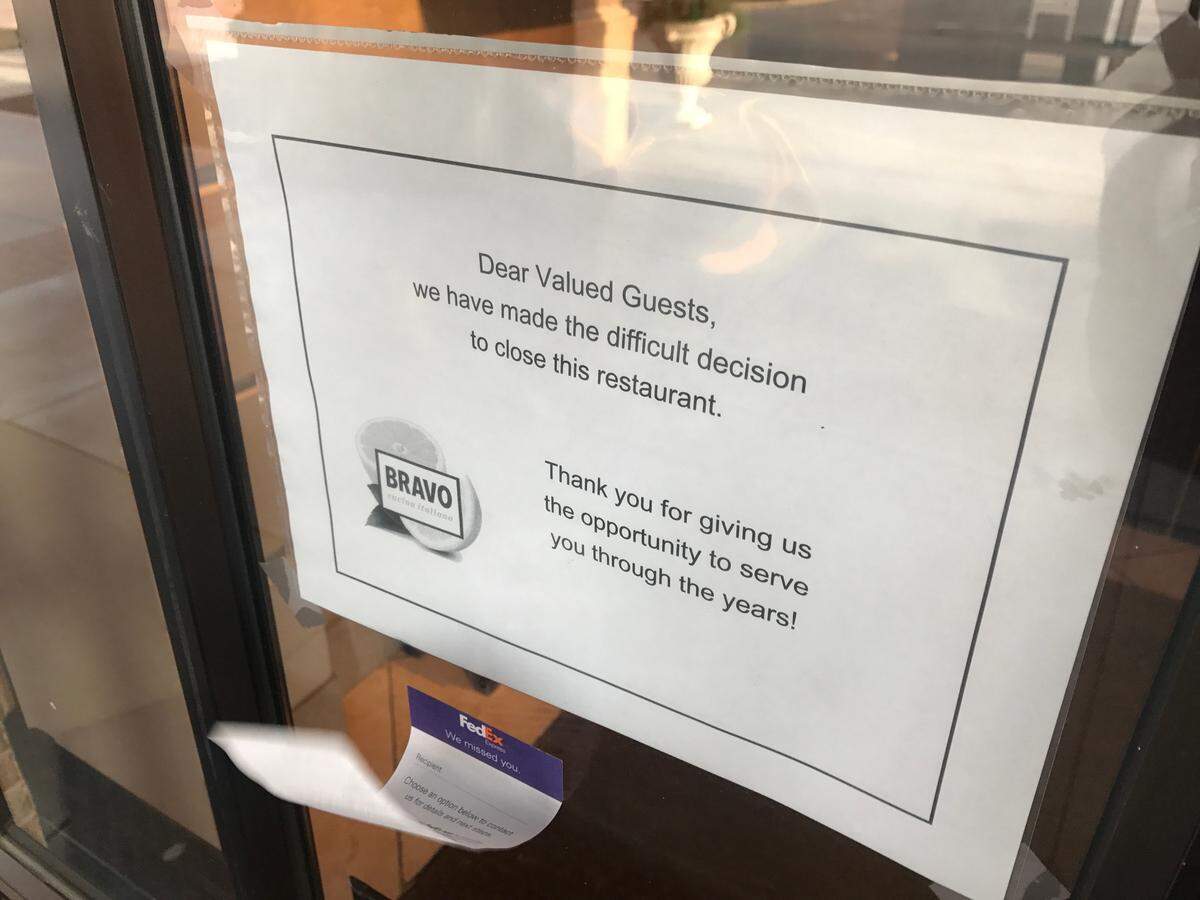 Bravo’s former owners put up this sign at the Leawood location during the shelter-in-place orders. But the restaurant could reopen.