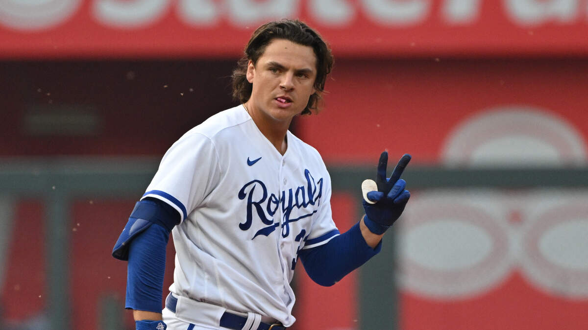 Kansas City Royals first baseman Nick Pratto (32) reacts after hitting a double in the third inning against the Tampa Bay Rays at Kauffman Stadium on July 15, 2023.