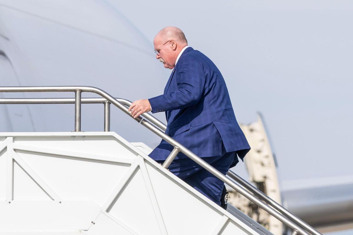 Kansas City Chiefs head coach Andy Reid boards a plane at Kansas City International Airport for a flight to New Orleans for Super Bowl LIX on Sunday, Feb. 2, 2025.
