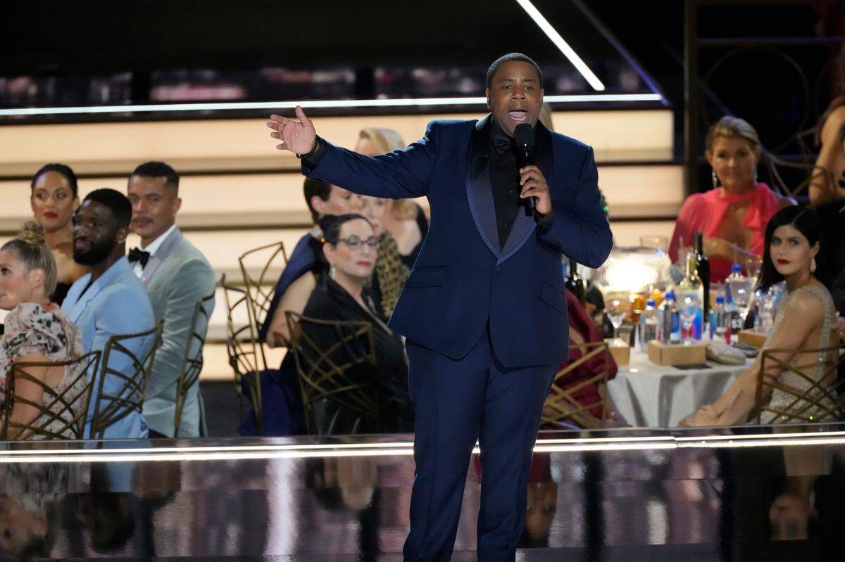 Host Kenan Thompson does a walk and talk in the audience during the 74th Emmy Awards at the Microsoft Theater in Los Angeles on Sept. 12, 2022.