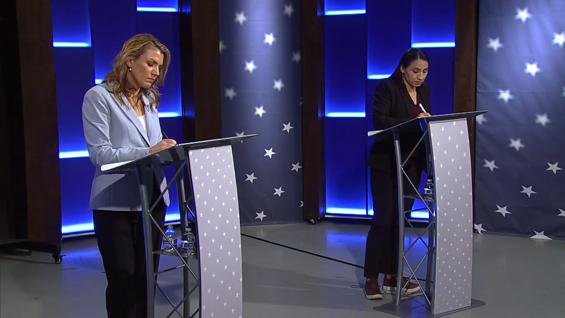 U.S. Rep. Sharice Davids and Republican candidate Amanda Adkins appear in the first televised debate in the 2022 campaign for Kansas’ 3rd Congressional District.