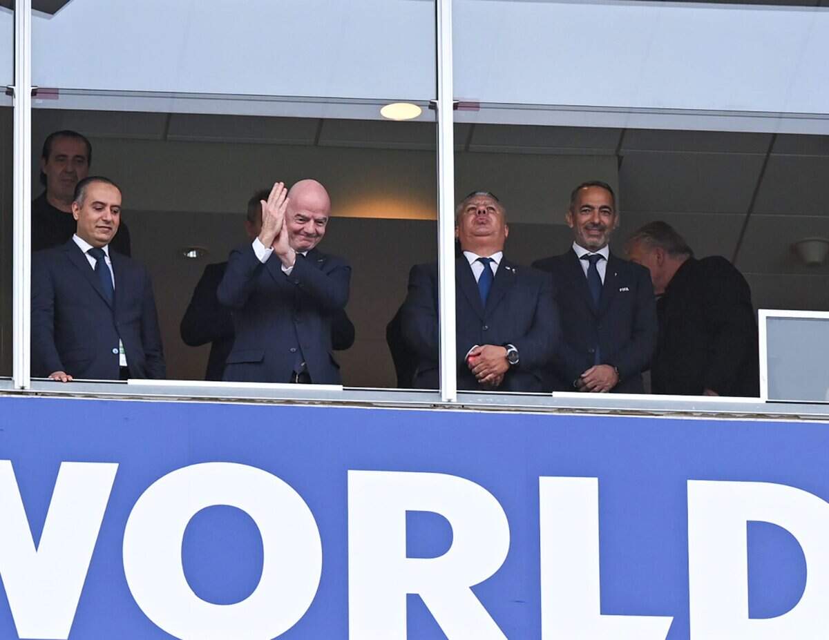 FIFA president Gianni Infantino claps as players take the field for the Argentina vs. Algeria FIFA World Cup group-stage soccer match at Kansas City (Arrowhead) Stadium in Kansas City on Tuesday, June 16, 2026.