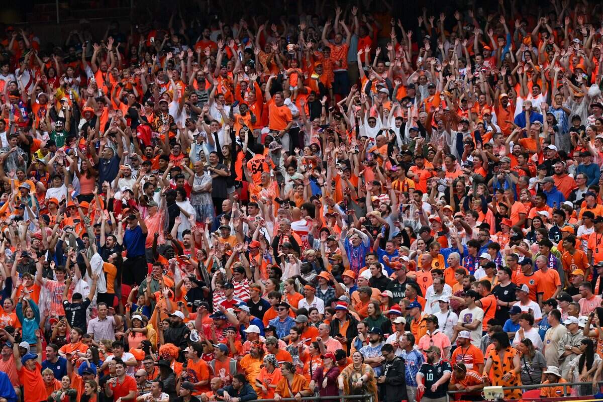 The crowd is largely decked out in orange to support the Netherlands against Tunisia in the FIFA World Cup group-stage soccer match at Kansas City (Arrowhead) Stadium in Kansas City on Thursday, June 25, 2026.