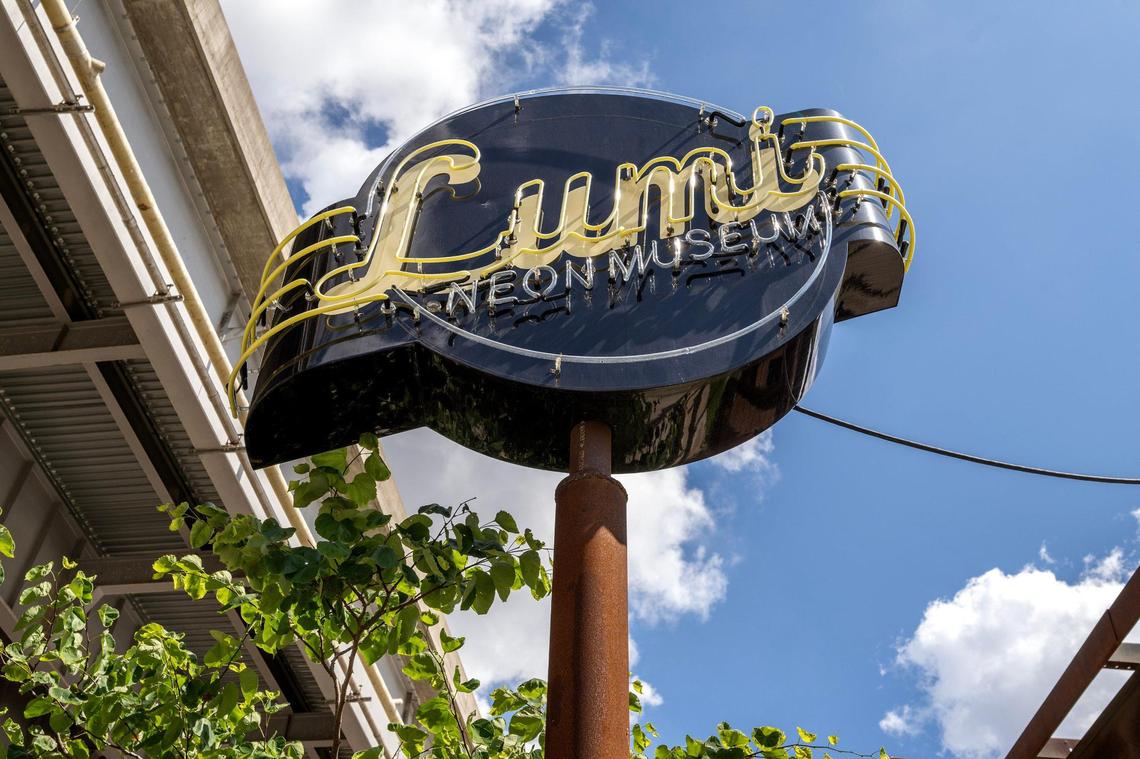 The post to the Lumi Neon Museum alleyway at Pennway Point has further oxidized since it was installed in June 2024. The museum is dedicated to preserving and restoring historic neon signs.