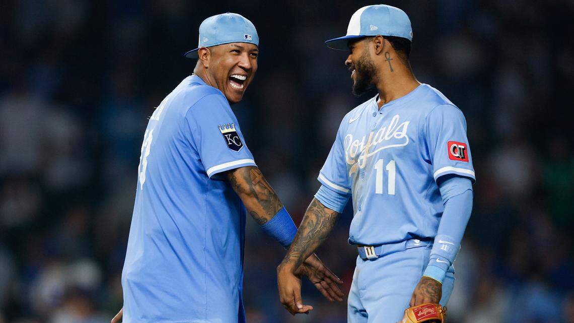 Kansas City Royals catcher Salvador Perez, left, celebrates a victory over the Cubs with third baseman Maikel Garcia on Monday, July 21, 2025 at Wrigley Field in Chicago.